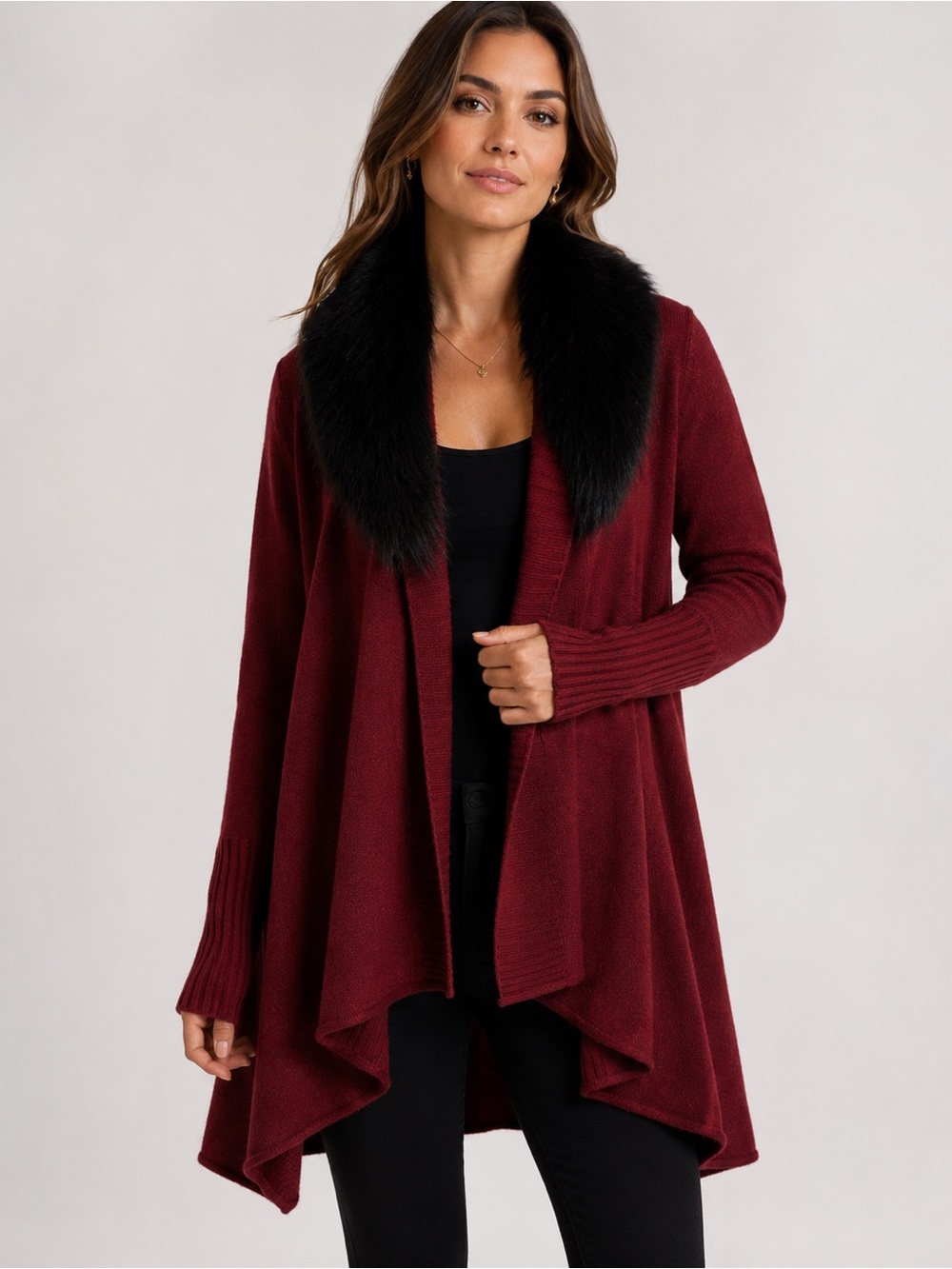 Alice + Olivia Burgundy Wool Cashmere Cardigan with Real Fox Fur Collar